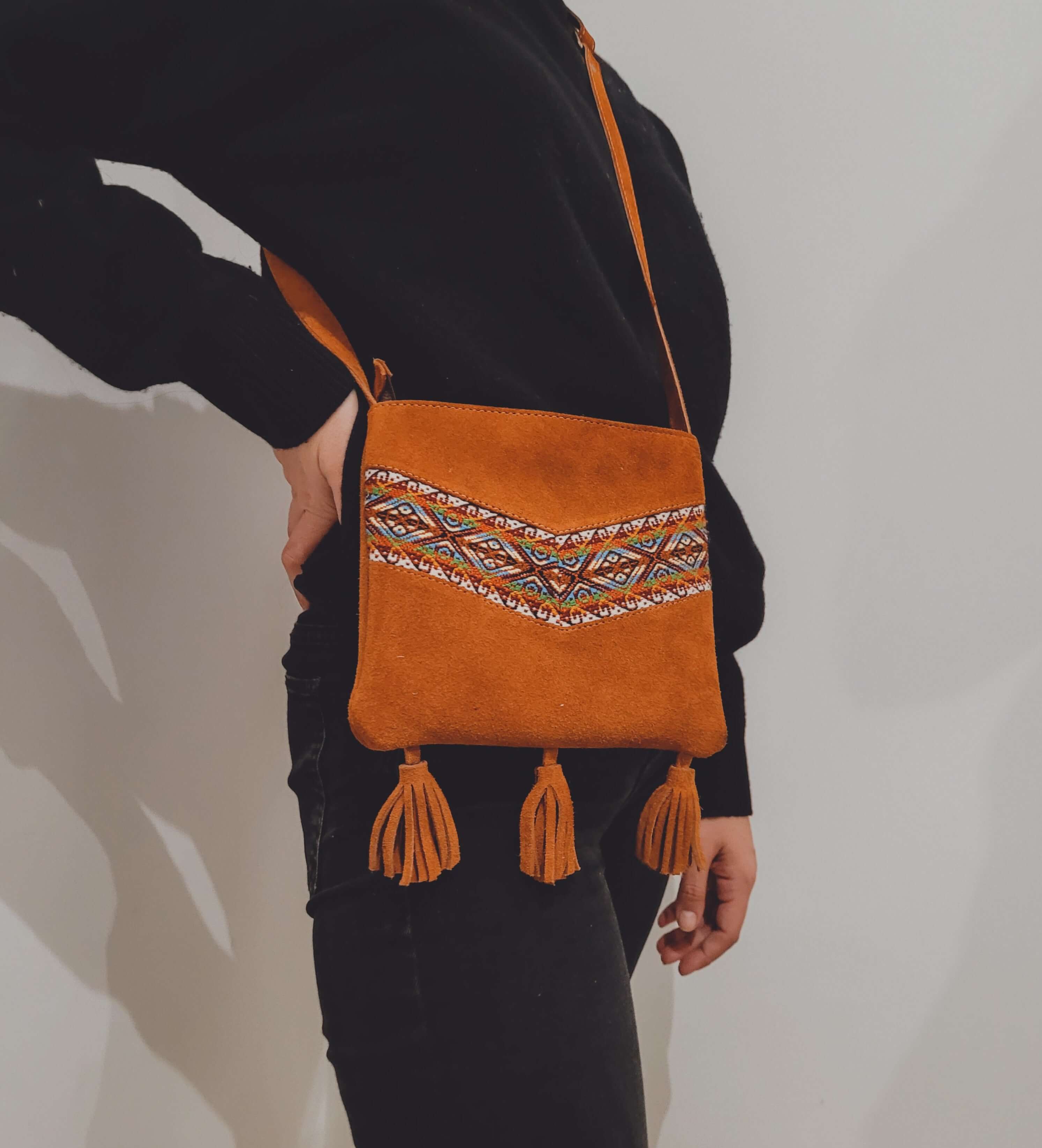 Leather Embroidered Handbag Luna on model