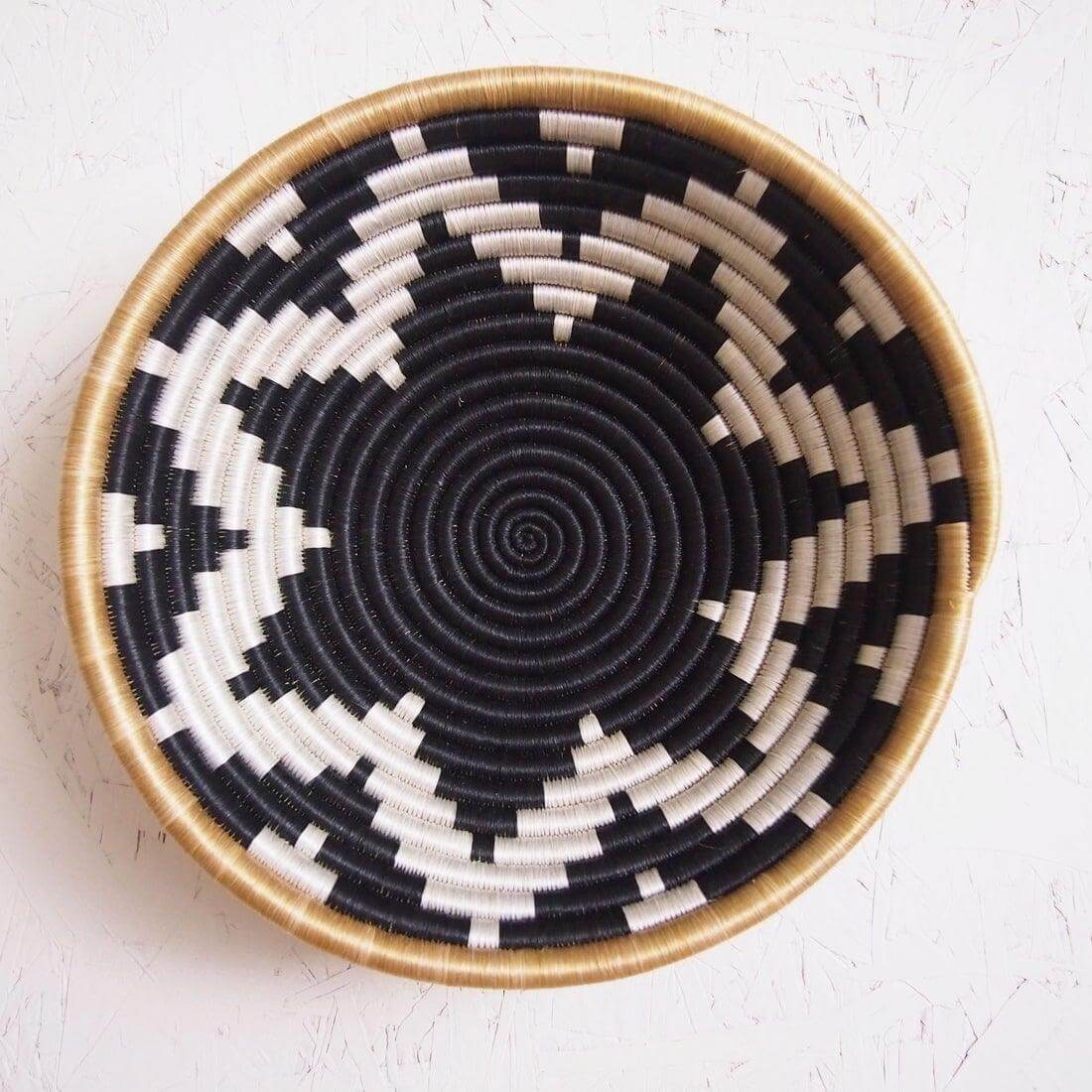 Rwandan seagrass black and white woven basket bowl