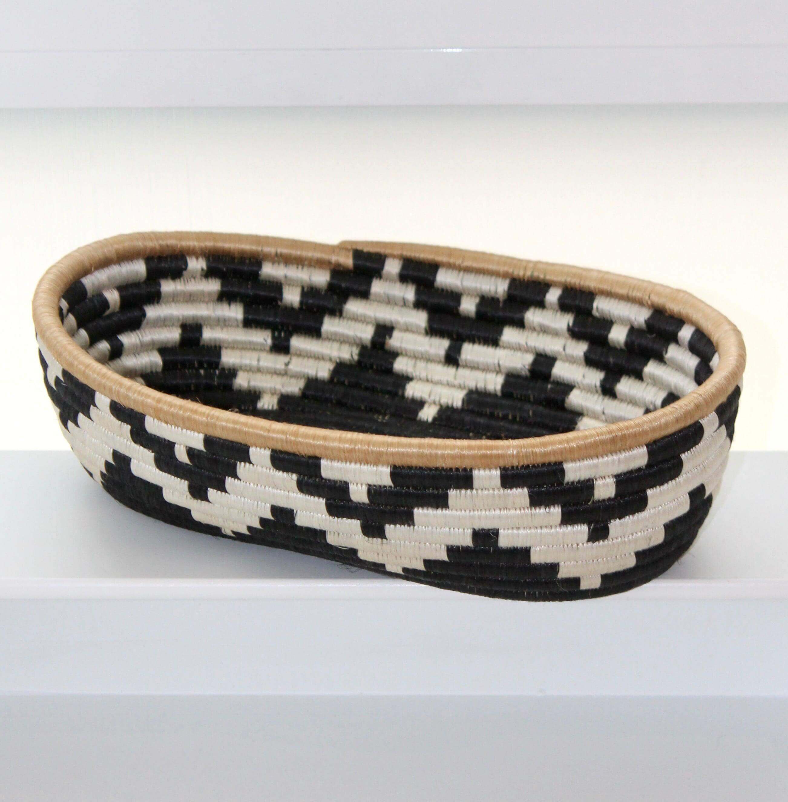 Black and white woven bread basket