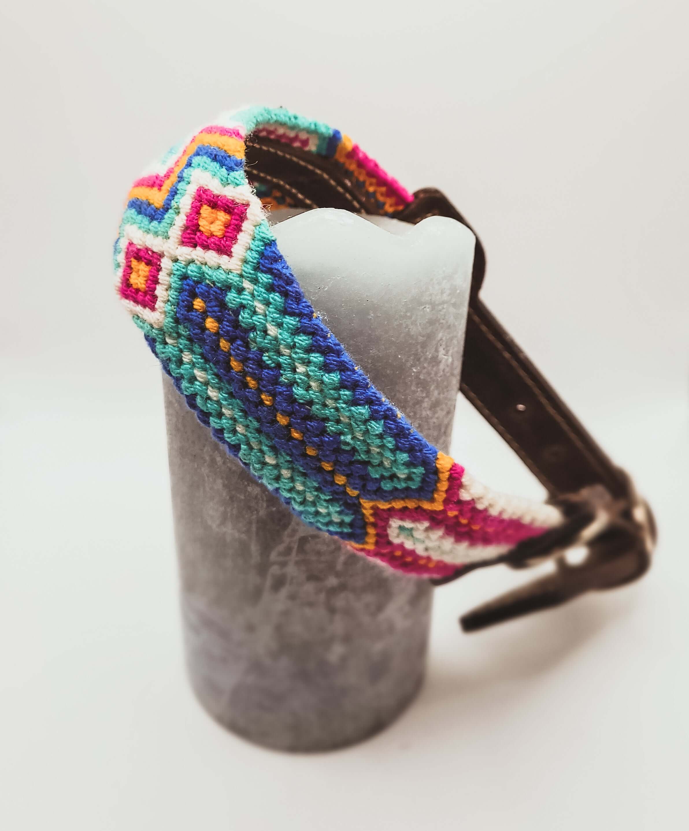 River blue and pink woven dog collar handmade by Wayuu artisans