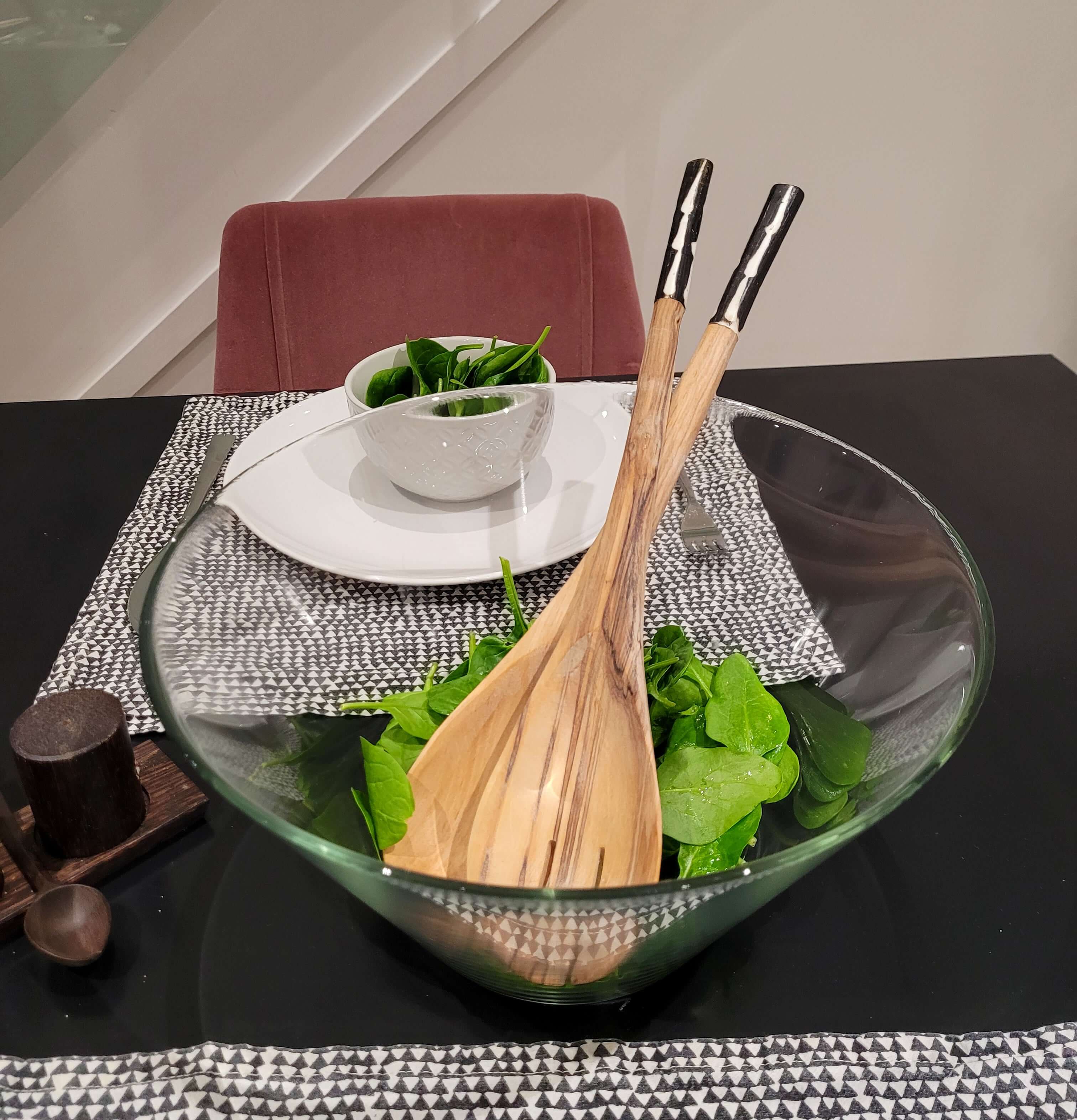 Olive Wood Salad Servers on dinnertable