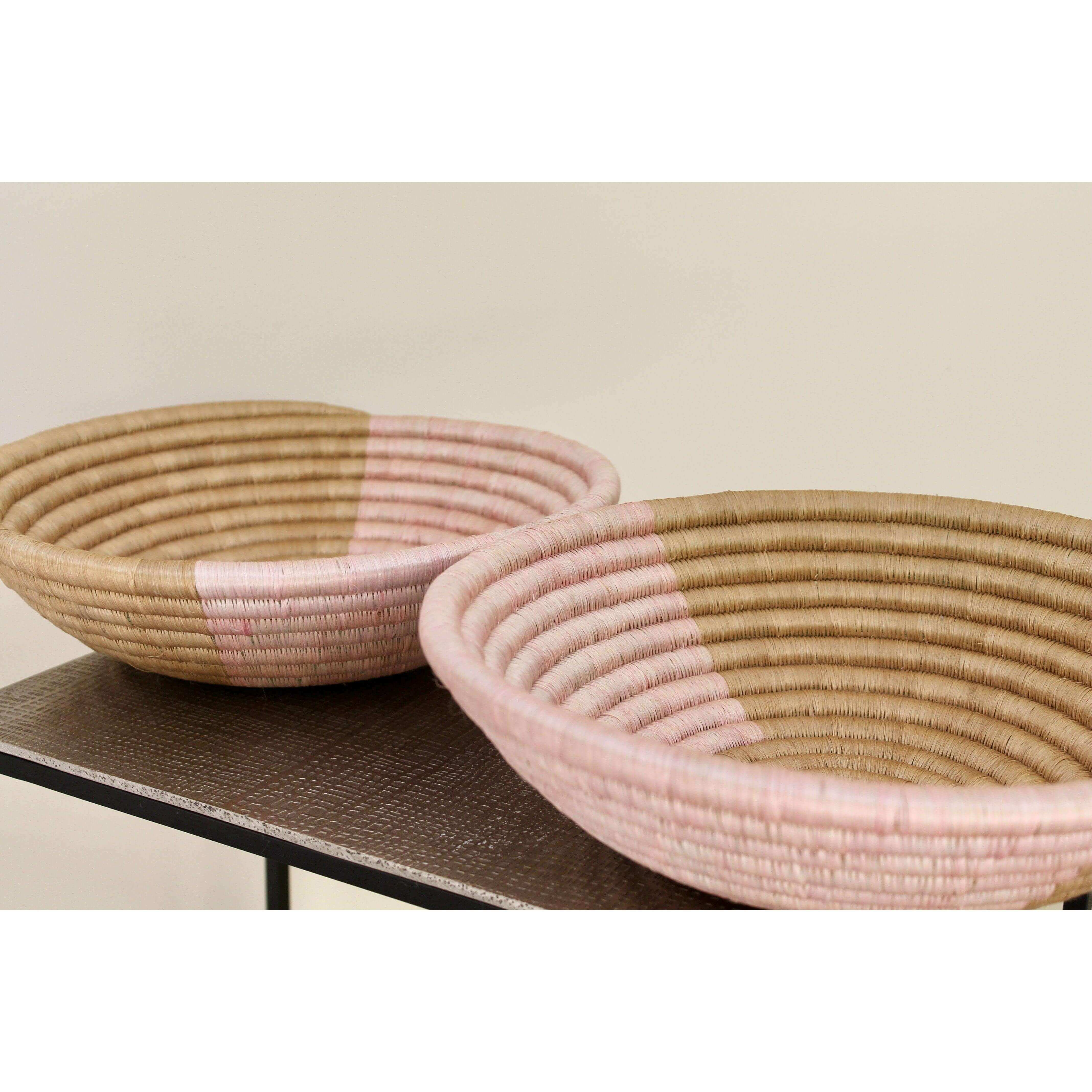 Blush pink woven bowls as home decor