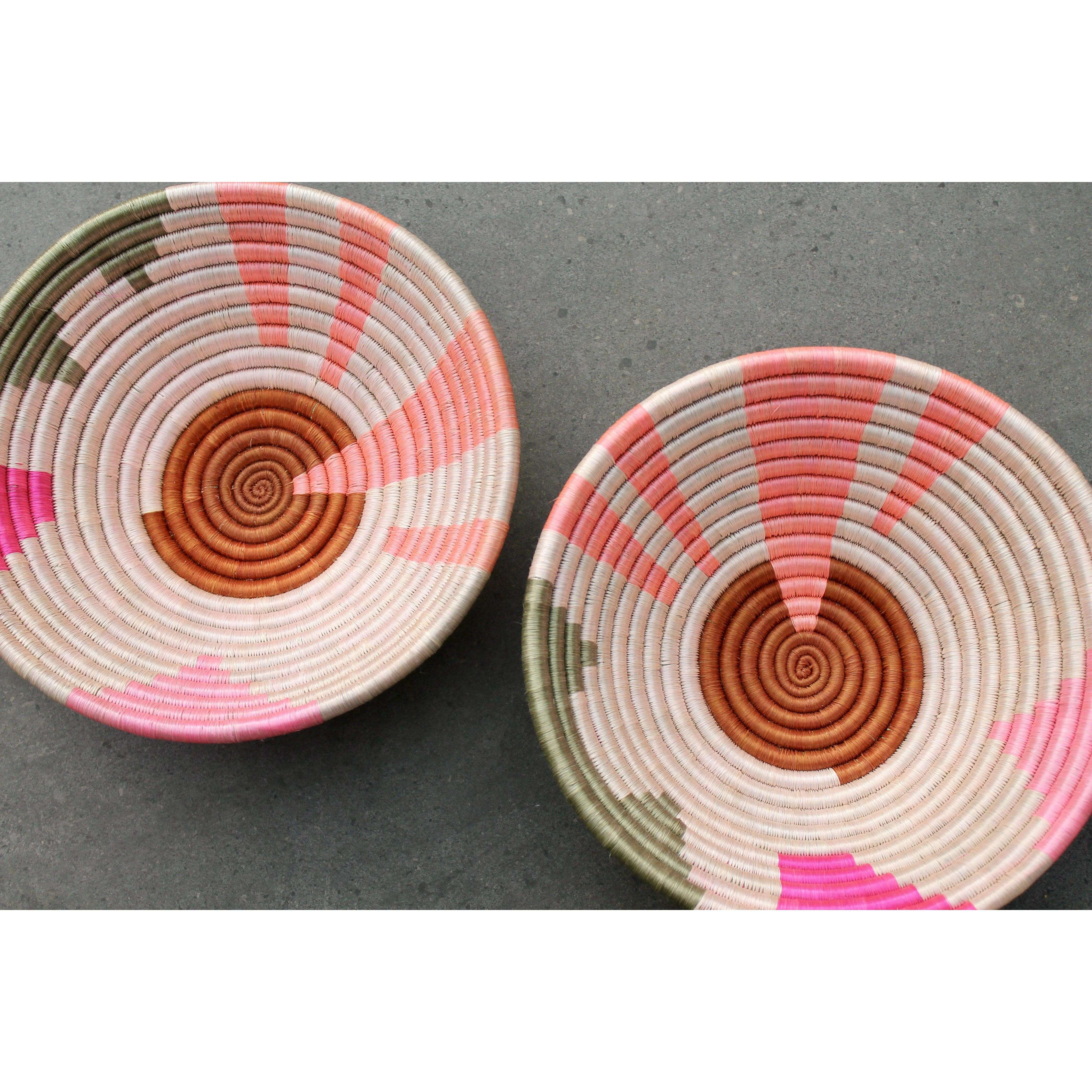 Ethically made pink and green African woven bowl 