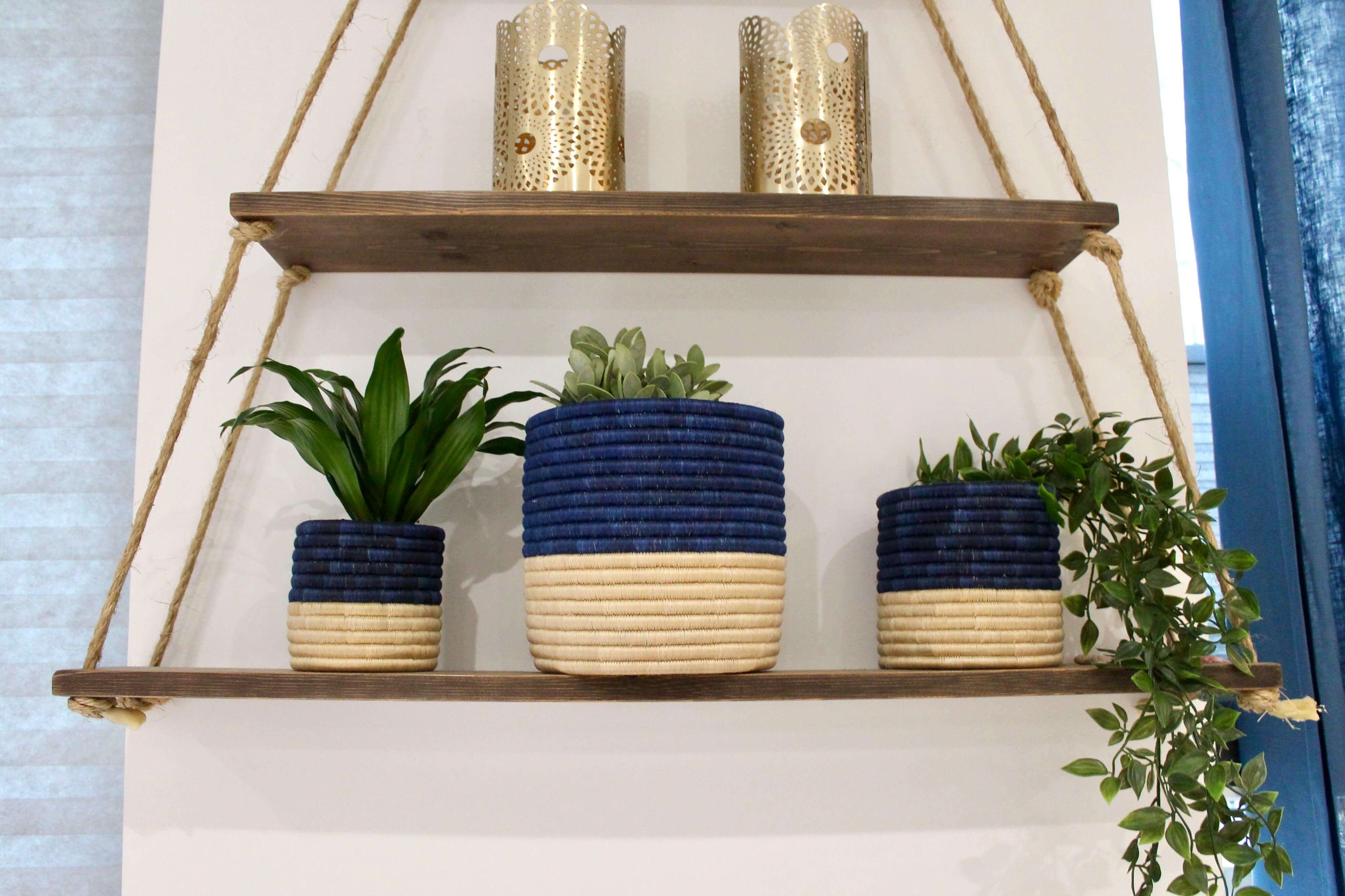 Set of 3 handwoven blue seagrass plant pots