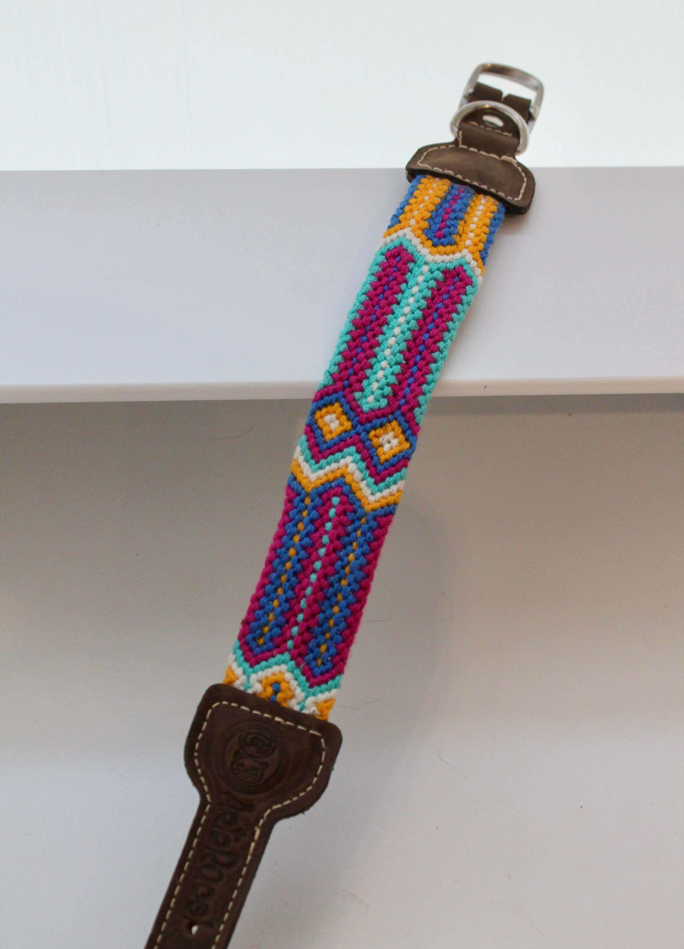 Pink and blue woven dog collar tribal pattern