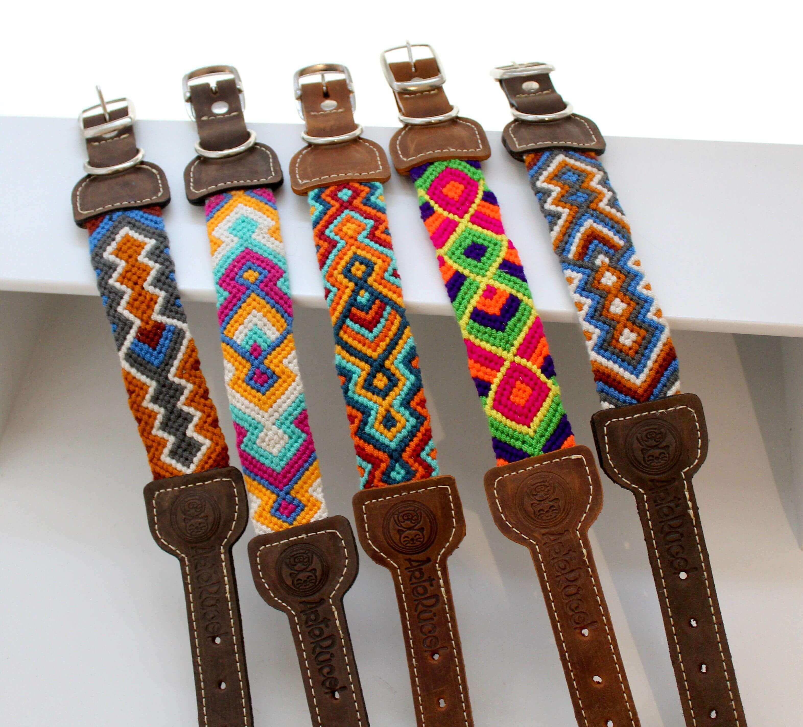 Colourful handwoven dog collars made in Colombia